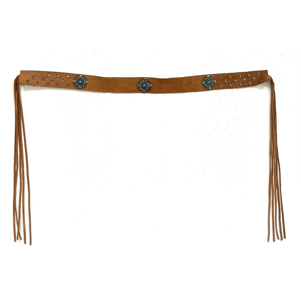 Brown Leather Suede Fringe Belt with Turquoise Accents
